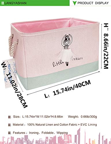 Rectangle Canvas Collapsible Storage Basket w/Handles for Toys, Laundry, Office, Closets (Pink and Green Little Princess)