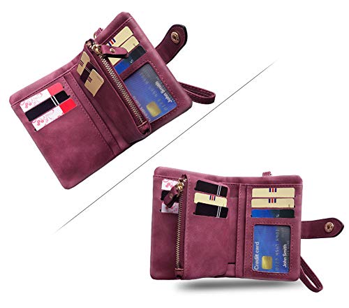 Womens Small Bifold Leather Wallets Rfid Ladies Wristlet with Card slots id window Zipper Coin Purse (Purple)