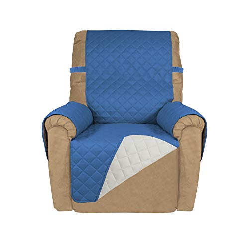 PureFit Reversible Quilted Recliner Sofa Cover, Water Resistant Slipcover Furniture Protector, Washable Couch Cover with Elastic Straps for Kids, Dogs, Pets (Recliner, Blue/Ivory)