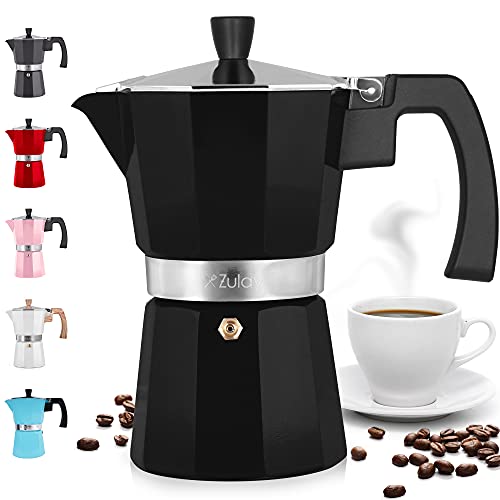 Zulay Classic Stovetop Espresso Maker for Great Flavored Strong Espresso, Classic Italian Style 3 Espresso Cup Moka Pot, Makes Delicious Coffee, Easy to Operate & Quick Cleanup Pot (Black)
