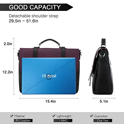 Laptop Bag for Women 15.6 Inch Leather Computer Bag Waterproof Briefcase Messenger Bag for Work College, Black-Purple