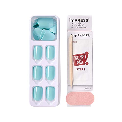 KISS imPRESS Color Press-On Manicure, Gel Nail Kit, PureFit Technology, Short Length, “Mint To Be”, Polish-Free Solid Color Mani, Includes Prep Pad, Mini File, Cuticle Stick, and 30 Fake Nails