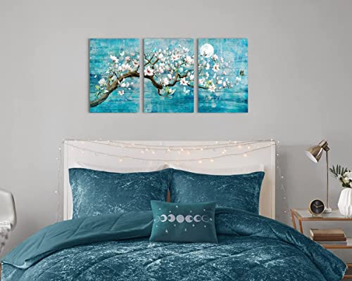 Wall Art Flower Cherry Blossom Painting for Wall Living Room Art Abstract Blue Teal Home Decor Gallery Wrapped Canvas Tree Moon Butterfly Picture for Bedroom Wall Decor Bathroom Office Artwork 48x24in