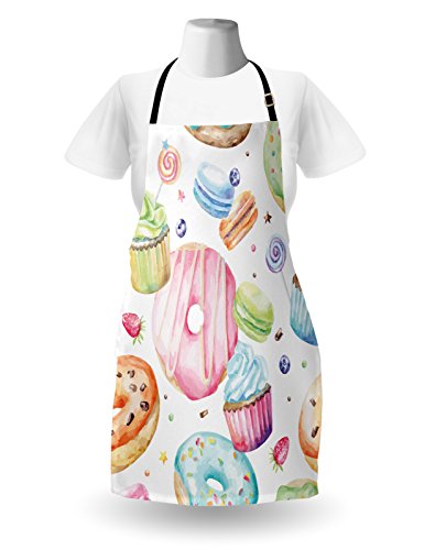 Lunarable Sweets Apron, Delicious Macaron Cupcakes Donuts Muffins Sugar Tasty Yummy Watercolor Design Print, Unisex Kitchen Bib with Adjustable Neck for Cooking Gardening, Adult Size, Green Pink