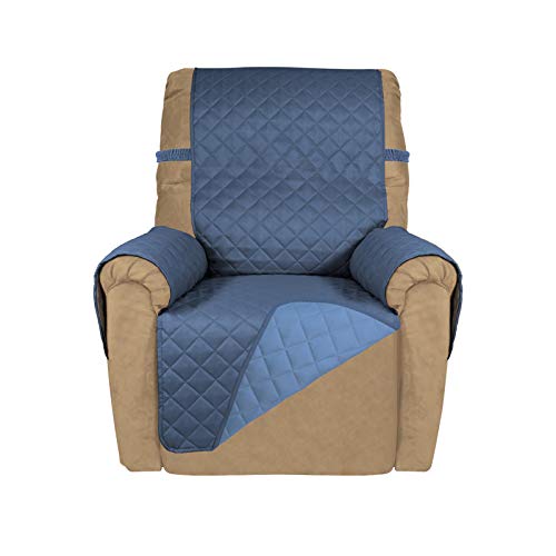 PureFit Reversible Quilted Recliner Sofa Cover, Water Resistant Slipcover Furniture Protector, Washable Couch Cover with Elastic Straps for Kids, Dogs, Pets (Recliner, Dark Blue/Light Blue)