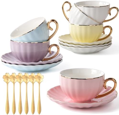ICHAG Cups and Saucers Set of 6, Coffee Mugs, Tea Cups Set with Bowknot, Tea Set, 18-piece, Cup with 8.4oz, Golden Spoon, For Tea Party, Christmas Gifts, Gifts for Home Office