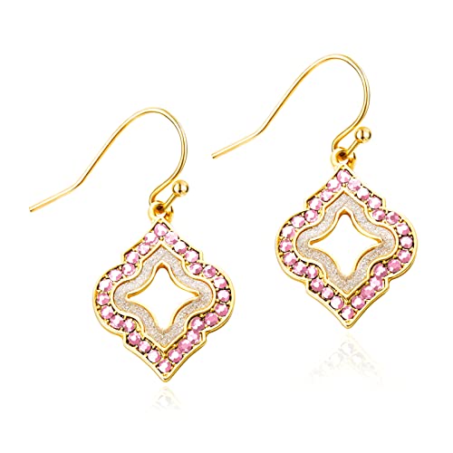 Gold Dangle Earrings: Pink Diamond Drop Dainty Rhombus Bohemian Fashion Jewelry for Women Girls Teen