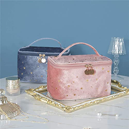 HOYOFO Velvet Makeup Bag with Handle Cosmetic Bags with Makeup Brush Holder Travel Make up Bag for Women, A Pink