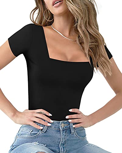 MANGOPOP Womens Short Sleeve/Long Sleeve Square Neck T Shirts Tops Tees (A Short Sleeve Black, Medium)