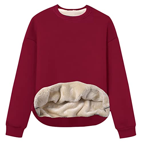 Gihuo Women's Fleece Sherpa Lined Crewneck Pullover Sweatshirt (02 Wine, Large)