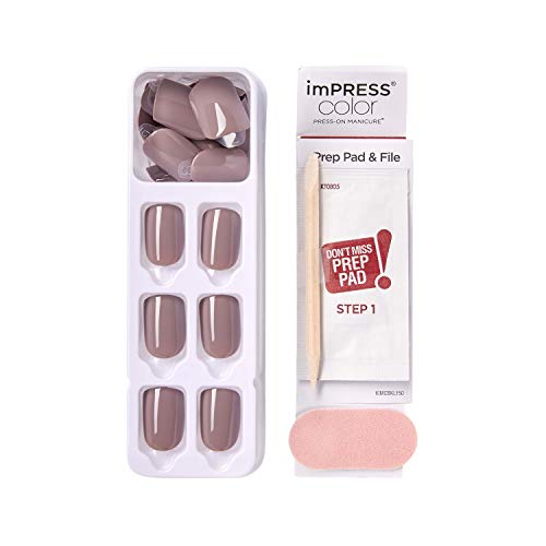 KISS imPRESS Color Press-On Manicure, Gel Nail Kit, PureFit Technology, Short Length, “Taupe Prize”, Polish-Free Solid Color Mani, Includes Prep Pad, Mini File, Cuticle Stick, and 30 Fake Nails