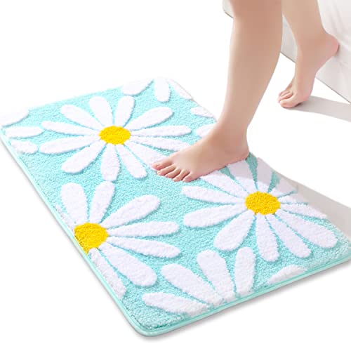 Green Bathroom Rug Cute Daisy Bath Mat White and Yellow Flower Decor Rugs Non Slip Floor Carpet Microfiber Bathmat Super Absorbent Machine Washable Bahtub Mats for Shower, Tub, Bedroom 16