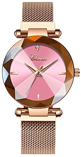 Fashion Women's Analog Quartz Watches Luxury Diamond Stainless Steel Mesh Band Wrist Watches for Women (A Pink)