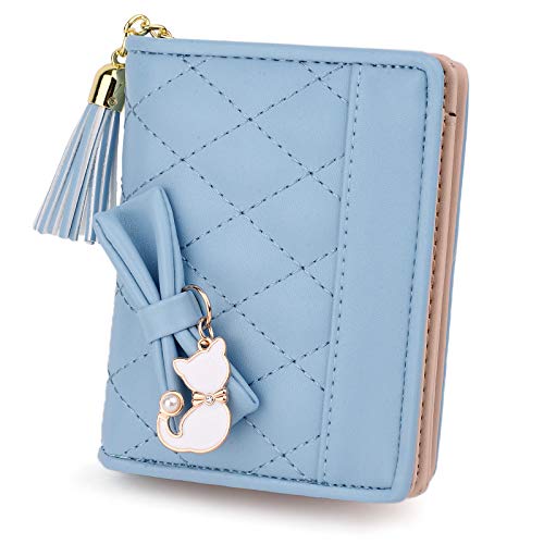 UTO Women PU Leather Small Wallet Cat Pendant Card Phone Holder Zipper Coin Purse Zoey Blue