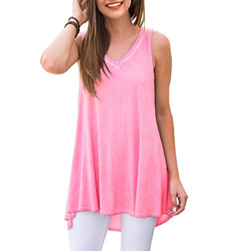 Women's Pink Summer Sleeveless V-Neck Sleeveless Swing Tunic Top, Sizes to 4XL
