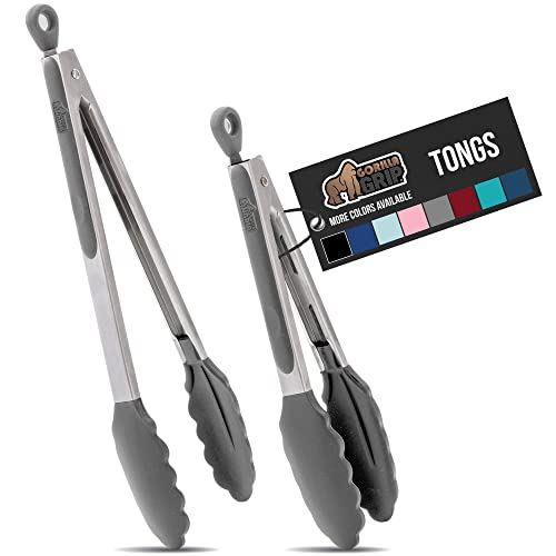 Gorilla Grip Stainless Steel Silicone Tongs for Cooking, 9" and 12", Set of 2  (7 colors)