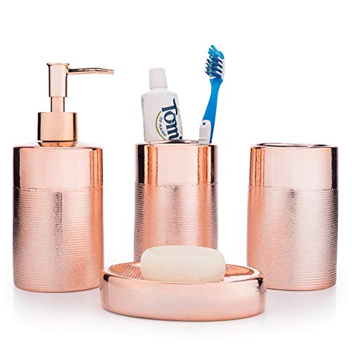 MyGift 4-Piece Rose Gold Modern Textured Ceramic Bathroom Set with Soap Dish, Pump Dispenser, Toothbrush Holder & Tumbler