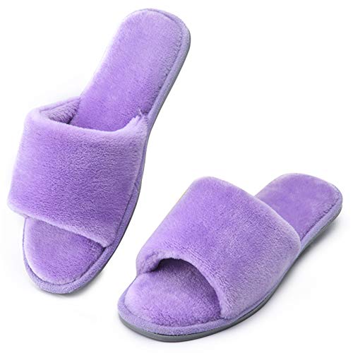 DL Open Toe Slippers for women Indoor, Cozy Memory Foam Womens House Slippers Summer Slip On, Comfy Soft Flannel Womens Bedroom Slippers Slide Breathable Size 7-8 Lilac