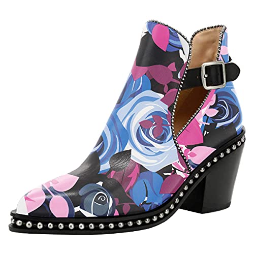 Women's Blue Floral Studded Leather Chunky Heel Ankle Boots w/Buckle, Sizes 4 to 15