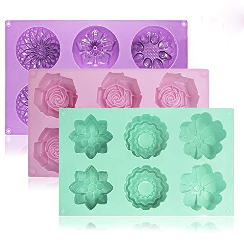 6-Cavity Silicone Flower Shape Cake Molds, YuCool 3 Packs Fondant Shape Decorating Ice Cube Trays for Homemade Cake Chocolate Cupcake - Purple Green Pink