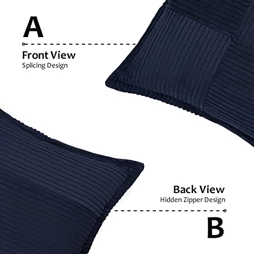 Topfinel Pack of 2 Decorative Broadside Throw Pillow Cover with Splicing, Striped Corduroy Square Cushion Pillowcase for Sofa Couch Bed Chair (18x18 Inch/Navy)