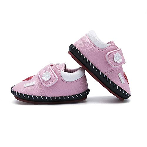 Infant Baby Girl's Handmade Soft PU Leather Non-Slip Princess Flats First Walkers, Pink w/Red Heart