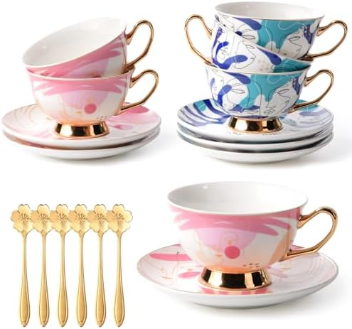 ICHAG Cups and Saucers Set of 6, Coffee Mugs, Tea Cups Set with Bowknot, Tea Set, 18-piece, Cup with 8.4oz, Golden Spoon, For Tea Party, Christmas Gifts, Gifts for Home Office