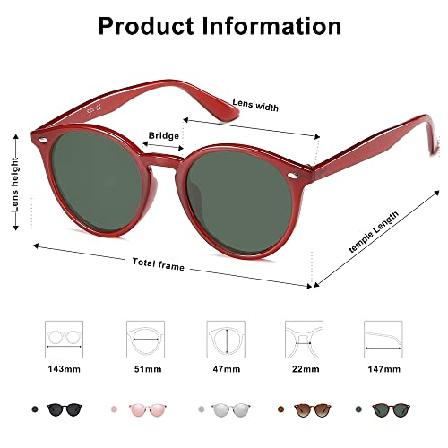 SOJOS Retro Round Polarized Sunglasses for Women Men Circle Frame UV400 Lenses SJ2069, Dark Red/Green