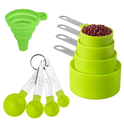 Measuring Cups and Spoons Set of Huygens Kitchen Gadgets 8 Pieces, Stackable Stainless Steel Handle Measuring Cups for Measuring Dry and Liquid Ingredient (Green)