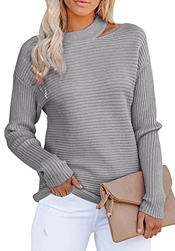 KIRUNDO 2021 Women’s Sweaters Halter Neck Off Shoulder Long Sleeves Knit Sweater Loose Solid Pullovers Tops (Grey, X-Large)