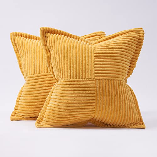 Topfinel Pack of 2 Decorative Broadside Throw Pillow Cover with Splicing, Striped Corduroy Square Cushion Pillowcase for Sofa Couch Bed Chair (18x18 Inch/Yellow)
