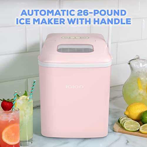 Igloo 26-Pound Automatic Self-Cleaning Portable Countertop Ice Maker Machine with Handle, Pink