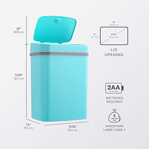 Ninestars, Teal Blue DZT-12-5TB Bedroom or Bathroom Automatic Touchless Infrared Motion Sensor Trash Can, 3 Gal 12 L, ABS Plastic (Rectangular, Trashcan