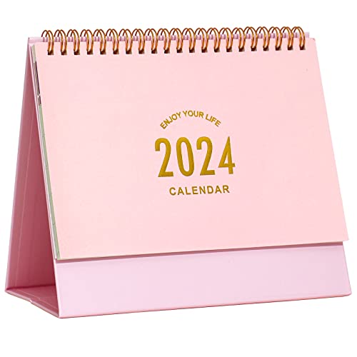 Small Desk Calendar 2023-2024, Standing Flip Desktop Calendar from July 2023 to December 2024 - Metal Ring Twin-Wire Binding Monthly Desktop Calendar for Home Office School (Pink)