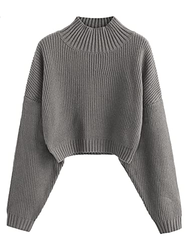 ZAFUL Women's Cropped Turtleneck Sweater Lantern Sleeve Ribbed Knit Pullover Sweater Jumper (1-Gray, M)