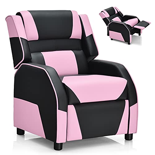 Costzon Kids Recliner, Gaming Recliner Chair w/Footrest, Headrest & Lumbar Support, Ergonomic Leather Lounge Chair for Living & Gaming Room, Adjustable Racing Style Sofa for Children Boys Girls, Pink