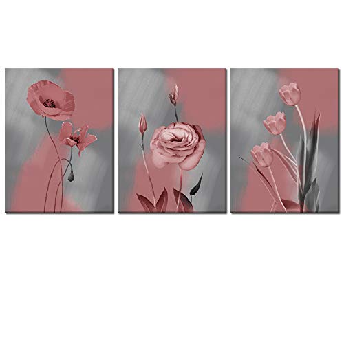 Welmeco Canvas Wall Art Decor Pink and Grey Flowers Prints Gallery Wrapped Ready to Hang Modern Home Office Living Room Bedroom Decoration