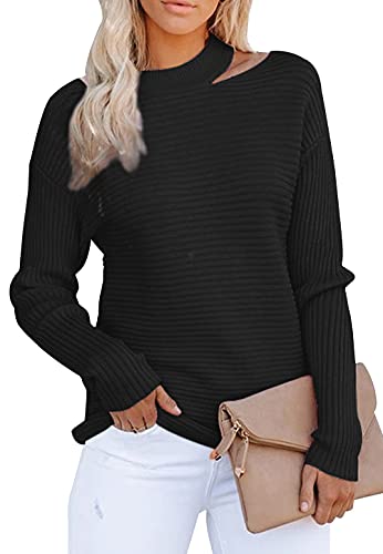 KIRUNDO 2021 Women’s Sweaters Halter Neck Off Shoulder Long Sleeves Knit Sweater Loose Solid Pullovers Tops (Black, X-Large)