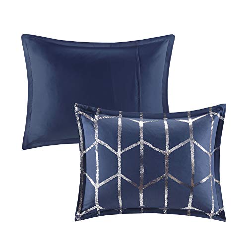 Intelligent Design Raina Comforter Microfiber Metallic Print Geometric, Embroidered Toss Pillow Modern Trendy Casual All Season Bedding Set with Matching Sham, Full/Queen, Navy/Silver 5 Piece