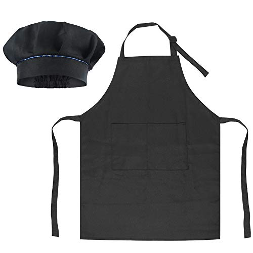 Sunland Kids Apron And Hat Set Children Chef Apron For Cooking Baking Painting Black(S:3-6 Years)