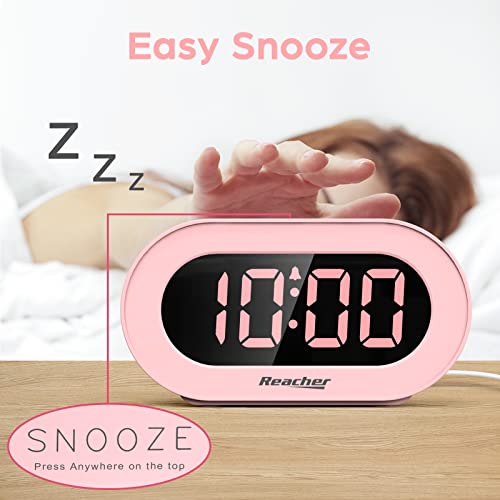 Reacher Pink Girls Alarm Clock for Kids'Bedroom Decor , Dimmable LED Digital Display, Outlet Powered, Adjustable Volume, Simple to Use, Snooze, Small Size for Bedroom, Desk, Toddler
