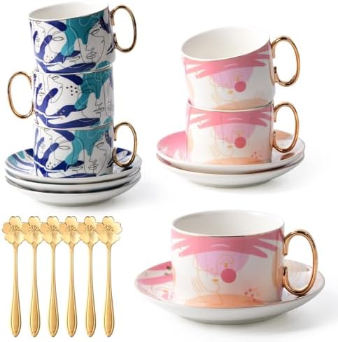 ICHAG Cups and Saucers Set of 6, Coffee Mugs, Tea Cups Set with Bowknot, Tea Set, 18-piece, Cup with 8.4oz, Golden Spoon, For Tea Party, Christmas Gifts, Gifts for Home Office