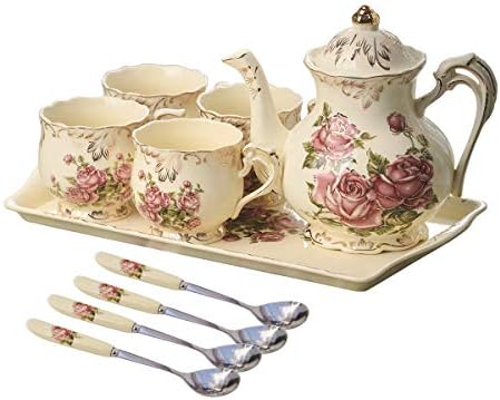 YOLIFE Porcelain Tea Set Vintage Rose, Tea Cups with Teapot, Serving Tray and Teaspoon Service for 4, Suitable for Tea Party Gifts