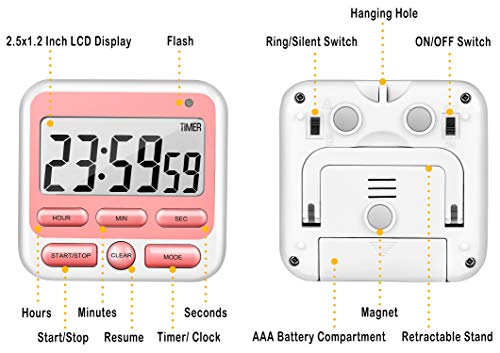 KTKUDY Digital Kitchen Timer with Mute/Loud Alarm Switch ON/Off Switch, 24 Hour Clock & Alarm, Memory Function Count Up & Count Down for Kids Teachers Cooking, Large LCD Display, Strong Magnet (Pink)