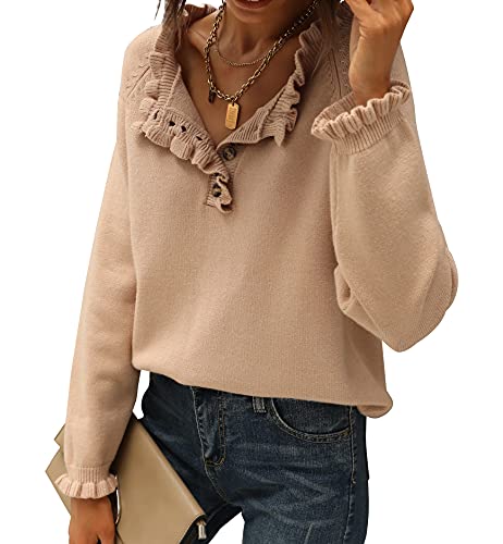 BTFBM Women's Sweaters Casual Long Sleeve Button Down Crew Neck Ruffle Knit Pullover Sweater Tops Solid Color Striped(Solid Khaki, Medium)