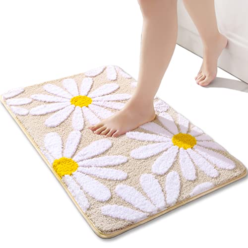Beige Bathroom Rugs Cute Daisy Bath Mat White and Yellow Flower Decor Rug Non Slip Floor Carpet Microfiber Bathmat Super Absorbent Machine Washable Bahtub Mats for Shower, Tub, Bedroom 16