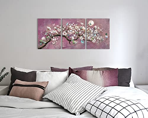 RAMEER Cherry Blossom Wall Art Purple Wall Decor Living Room Art Pink Flower Painting Butterfly Moon Night Pictures Canvas Prints Decor for Bedroom Bathroom Home Office Decor 36x16in