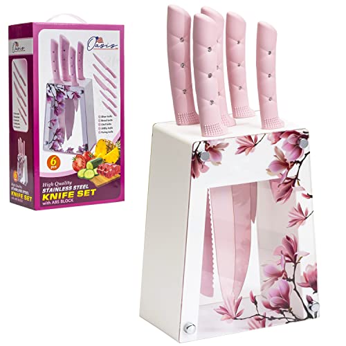 Kitchen Knife Set, OasisUSA Stainless Steel Sharp Knife Sets With ABS Stand, non-fading Pink Color Flower patterned Stainless Steel Blade with Triple-Riveted Handles. Gift for Women and Girls
