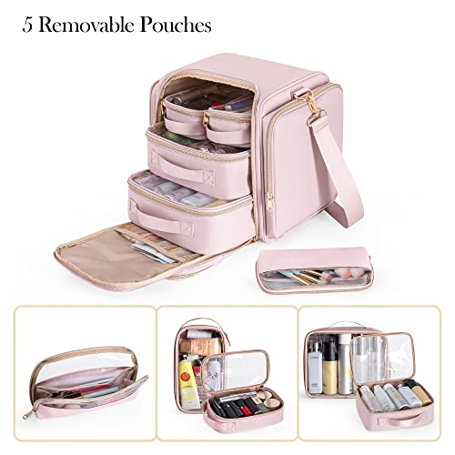 Prokva Travel Makeup Bag with 5 Removable Cases, Large Cosmetic Case Make up Organizer with Strap and Multiple Storage Pockets, Pink (Patented Design)