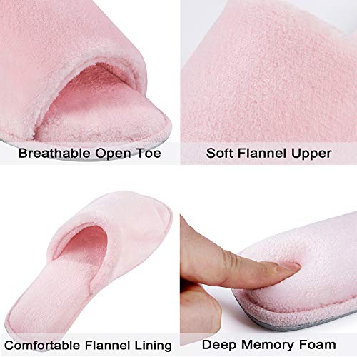 DL Open Toe Slippers for women Indoor, Cozy Memory Foam Womens House Slippers Summer Slip On, Comfy Soft Flannel Womens Bedroom Slippers Slide Breathable Size 7-8 Pink